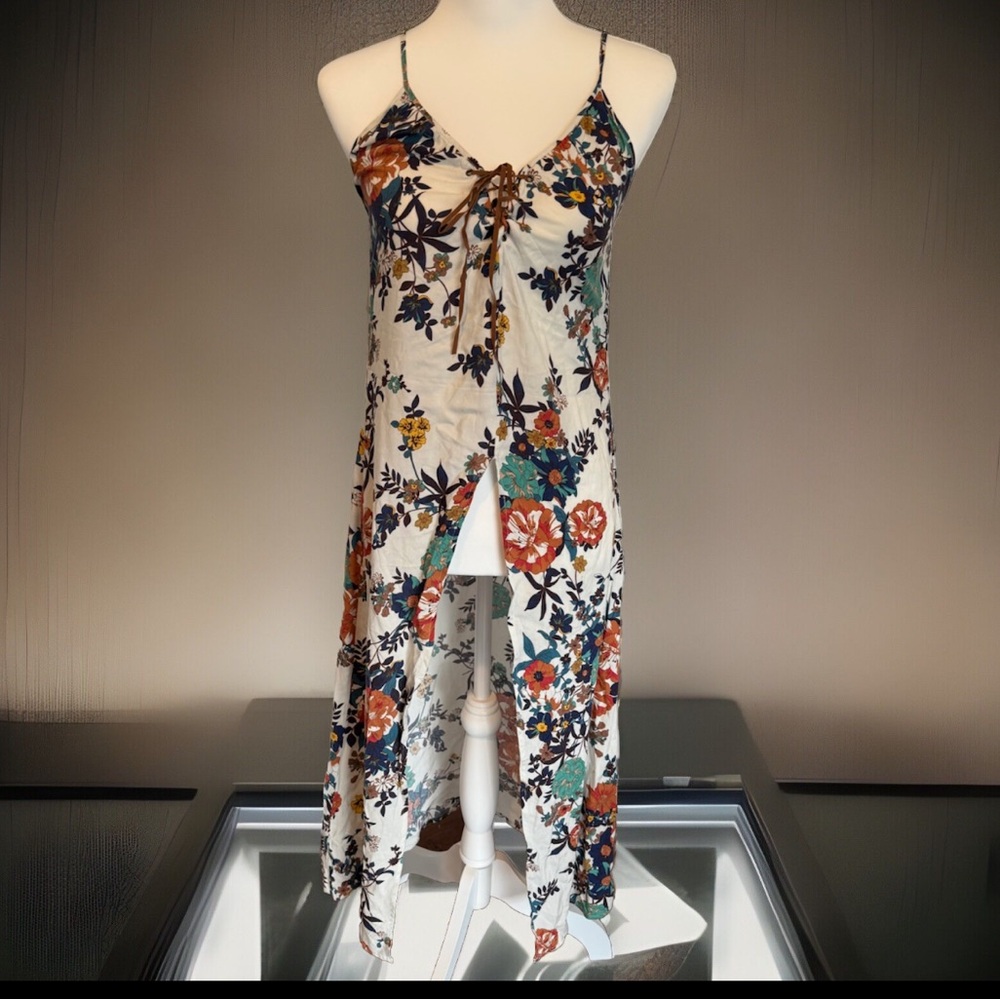 Bohemian Spaghetti strap white floral tunic small